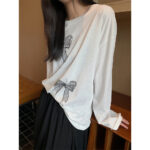 Bow Print Long-sleeved T-shirt Women's Thin Loose Top - Image 3