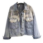 Splicing Beads Diamond Grenadine Loose Denim Jacket - Image 2