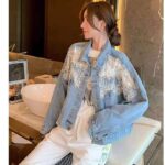 Splicing Beads Diamond Grenadine Loose Denim Jacket - Image 6