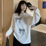 Bow Print Long-sleeved T-shirt Women's Thin Loose Top