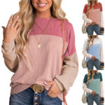 Round Neck Twist Strip Color Matching Long Sleeve Loose T-shirt For Women - Image 4
