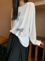 Bow Print Long-sleeved T-shirt Women's Thin Loose Top - Image 7